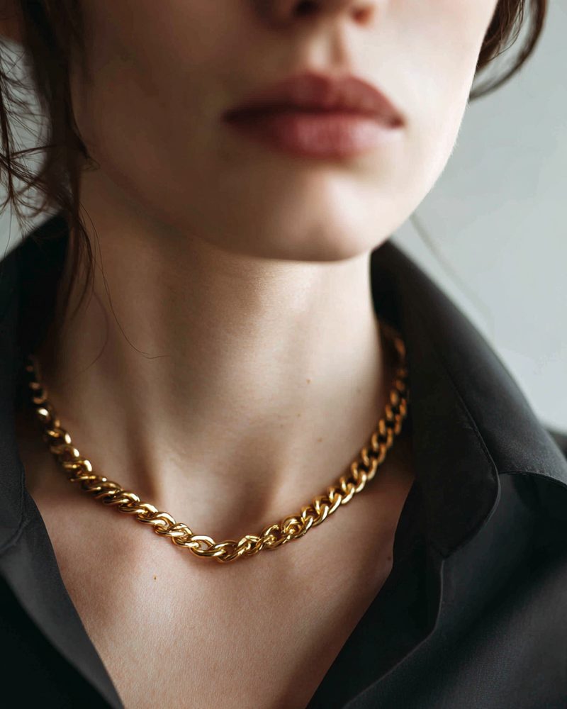 Gold chain necklace worn with a black shirt